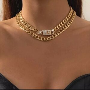 Rhinestone Lock Gold Cuban Curb Link Double Chain Necklace set